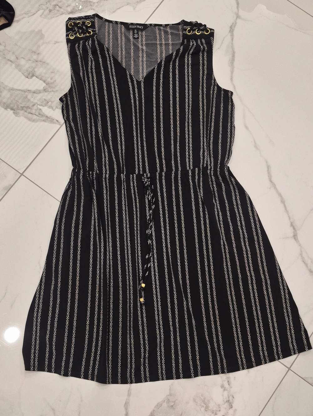 Ellen Tracy Black and White Striped Sleeveless Dress with Gold Grommet Detail